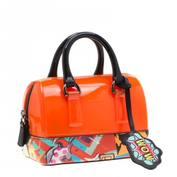 Pre Owned Furla Orange/Multicolor Rubber and Printed Leather Mini Candy Cookie Graffiti Satchel