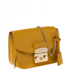 Pre Owned Furla Mustard Leather Mini Metropolis Crossbody Bag