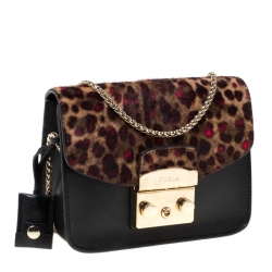 Pre Owned Furla Black/Brown Calfhair and Leather Mini Metropolis Crossbody Bag