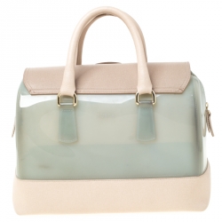 Pre Owned Furla Mint Green/Beige Glossy Rubber and Leather Push Lock Candy Satchel