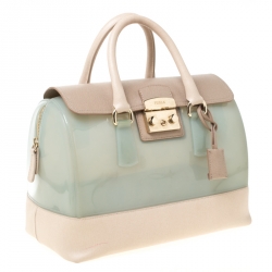 Pre Owned Furla Mint Green/Beige Glossy Rubber and Leather Push Lock Candy Satchel