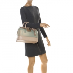 Pre Owned Furla Mint Green/Beige Glossy Rubber and Leather Push Lock Candy Satchel