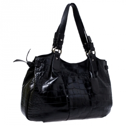 مملوكة مسبقًا Furla Black Croc Embossed Leather Shoulder Bag