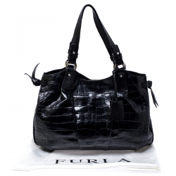 مملوكة مسبقًا Furla Black Croc Embossed Leather Shoulder Bag