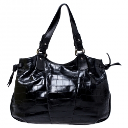 مملوكة مسبقًا Furla Black Croc Embossed Leather Shoulder Bag