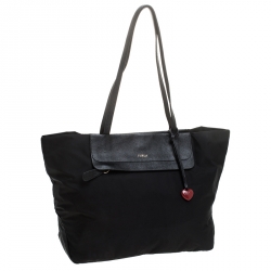 Pre Owned Furla Black Nylon and Leather Shopper Tote
