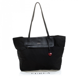 Pre Owned Furla Black Nylon and Leather Shopper Tote