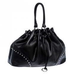 Pre Owned Furla Black Leather Drawstring Studded Shoulder Bag