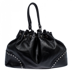Pre Owned Furla Black Leather Drawstring Studded Shoulder Bag