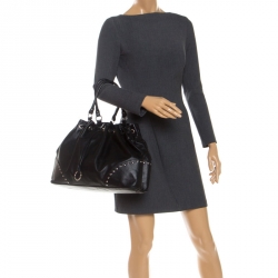 Pre Owned Furla Black Leather Drawstring Studded Shoulder Bag