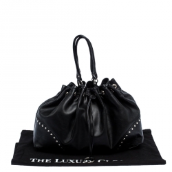 Pre Owned Furla Black Leather Drawstring Studded Shoulder Bag