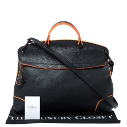 Pre Owned Furla Black/Neon Orange Leather Piper Top Handle Bag