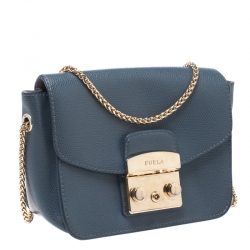 Pre Owned Furla Blue Leather Mini Metropolis Crossbody Bag