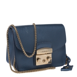 Pre Owned Furla Blue Leather Mini Metropolis Crossbody Bag