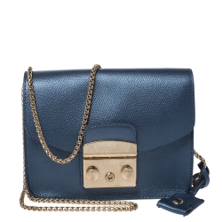 Pre Owned Furla Blue Leather Mini Metropolis Crossbody Bag