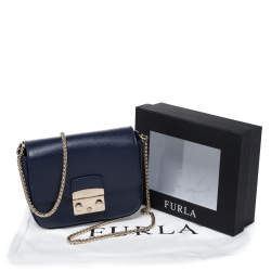 Pre Owned Furla Navy Blue Leather Mini Metropolis Crossbody Bag