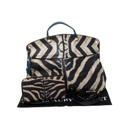 Pre Owned Furla Black/Cream Zebra Print Leather Piper Top Handle Bag w/ Zippy Wallet