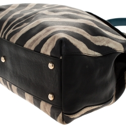 Pre Owned Furla Black/Cream Zebra Print Leather Piper Top Handle Bag w/ Zippy Wallet