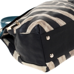 Pre Owned Furla Black/Cream Zebra Print Leather Piper Top Handle Bag w/ Zippy Wallet