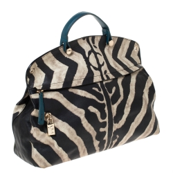 Pre Owned Furla Black/Cream Zebra Print Leather Piper Top Handle Bag w/ Zippy Wallet