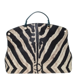 Pre Owned Furla Black/Cream Zebra Print Leather Piper Top Handle Bag w/ Zippy Wallet