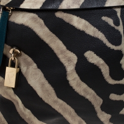 Pre Owned Furla Black/Cream Zebra Print Leather Piper Top Handle Bag w/ Zippy Wallet