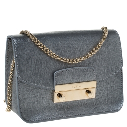 Pre Owned Furla Metallic Silver Leather Mini Metropolis Crossbody Bag