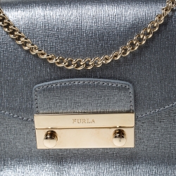 Pre Owned Furla Metallic Silver Leather Mini Metropolis Crossbody Bag