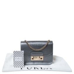 Pre Owned Furla Metallic Silver Leather Mini Metropolis Crossbody Bag
