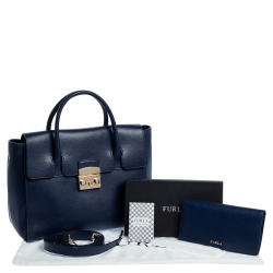 Pre Owned Furla Navy Blue Leather Large Metropolis Satchel