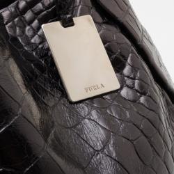 Pre Owned Furla Black Grape Croc Embossed Zarina Shoulder Bag 
