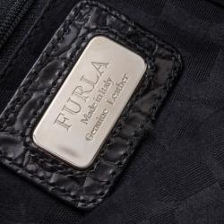 Pre Owned Furla Black Grape Croc Embossed Zarina Shoulder Bag 