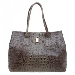 Pre Owned Furla Brown Croc Embossed Leather Onyx Tote