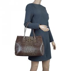 Pre Owned Furla Brown Croc Embossed Leather Onyx Tote