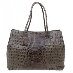Pre Owned Furla Brown Croc Embossed Leather Onyx Tote