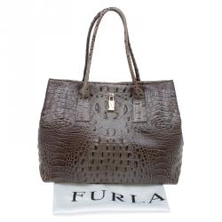Pre Owned Furla Brown Croc Embossed Leather Onyx Tote