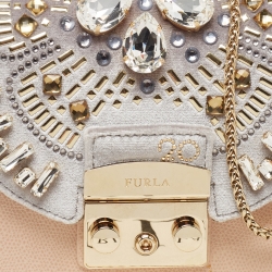 Furla Peach/Grey Leather and Velvet Crystal Embellished Mini Metropolis Crossbody Bag