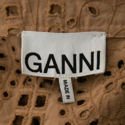 Pre Owned Ganni Tan Brown Cotton Eyelet Collared Midi Dress M