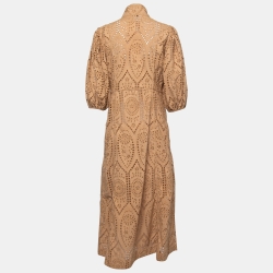 Pre Owned Ganni Tan Brown Cotton Eyelet Collared Midi Dress M
