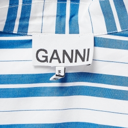Pre Owned Ganni White/ Blue Striped Organic Cotton Wait Tie Shirt Dress L