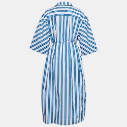 Pre Owned Ganni White/ Blue Striped Organic Cotton Wait Tie Shirt Dress L