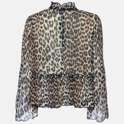 Pre Owned Ganni Brown Leopard Print Crepe & Plisse Peplum Blouse M