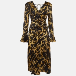 Black/ Rope Print Satin Ruched Midi Dress