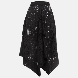 Ganni Black Cotton Broderie Anglaise Asymmetric Midi Skirt S