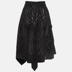 Ganni Black Cotton Broderie Anglaise Asymmetric Midi Skirt S