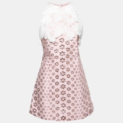 Pink Floral Patterned Jacquard Lace Applique Mini Dress
