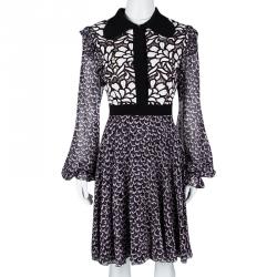 Pre Owned Giambattista Valli Black Printed Silk Georgette Floral Embroidered Ruffled Dress XL