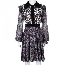 Pre Owned فستان جيامباتيستا فالي حرير جورجيت مطبوع تطريز زهور مكشكش أسود L