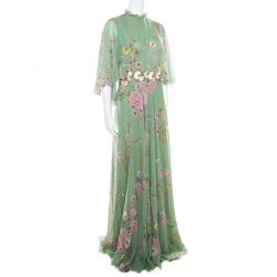 مملوكة مسبقًا Giambattista Valli Fern Green Floral Printed Silk Cape Style Gown L