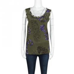 Pre Owned Giambattista Valli Green Floral Printed Silk Sleeveless Top M